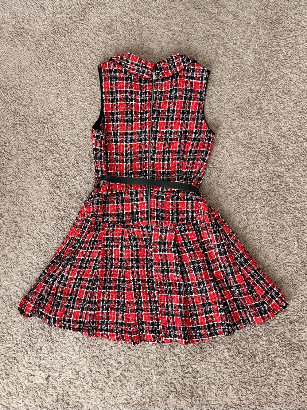 Red Plaid Tweed Sleeveless Belted Dress - Picture 2 of 3